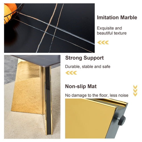 Black Marble-Patterned Slab Dining Table with Golden Stainless Steel