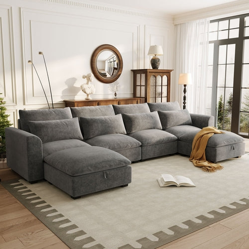 U-shaped Freely Transformable Modular Corner Sofa with Two Ottomans,