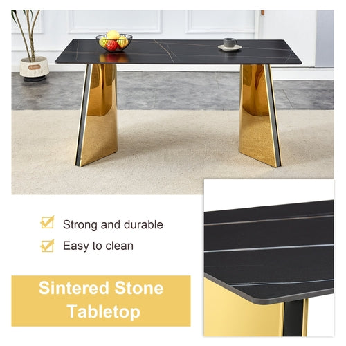 Black Marble-Patterned Slab Dining Table with Golden Stainless Steel