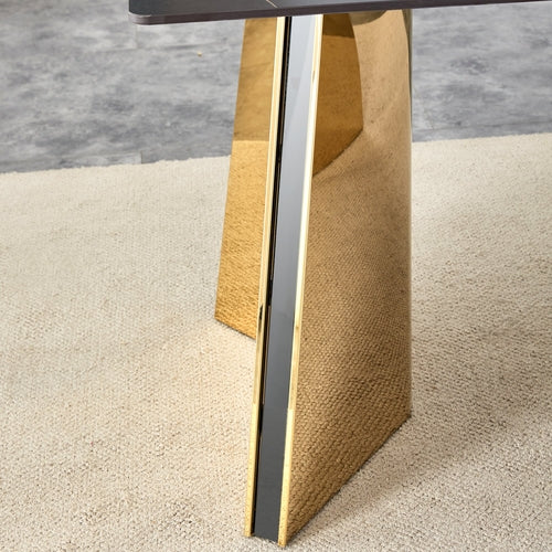 Black Marble-Patterned Slab Dining Table with Golden Stainless Steel