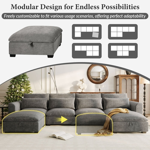 U-shaped Freely Transformable Modular Corner Sofa with Two Ottomans,