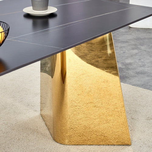 Black Marble-Patterned Slab Dining Table with Golden Stainless Steel