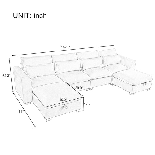 U-shaped Freely Transformable Modular Corner Sofa with Two Ottomans,