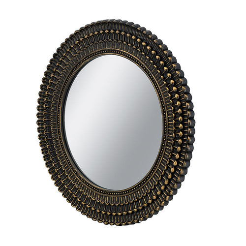 D26.5' Round Black And Gold Wooden Accent Mirror With Woven Texture
