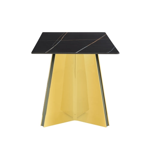 Black Marble-Patterned Slab Dining Table with Golden Stainless Steel