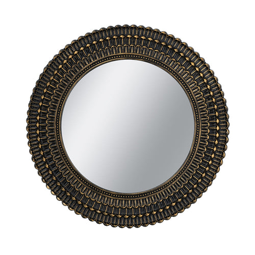 D26.5' Round Black And Gold Wooden Accent Mirror With Woven Texture