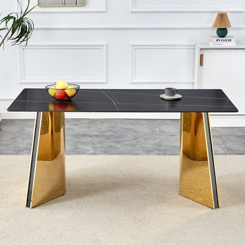 Black Marble-Patterned Slab Dining Table with Golden Stainless Steel