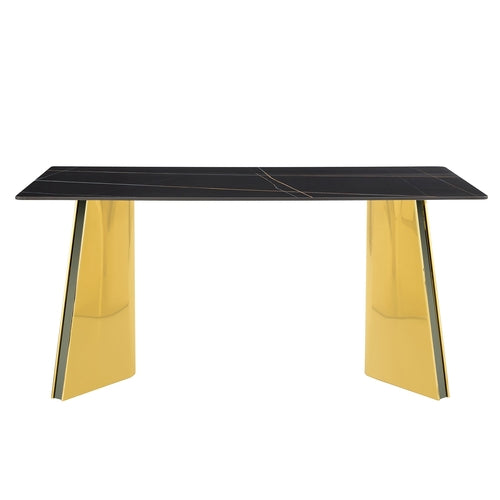 Black Marble-Patterned Slab Dining Table with Golden Stainless Steel