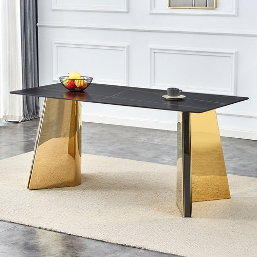 Black Marble-Patterned Slab Dining Table with Golden Stainless Steel